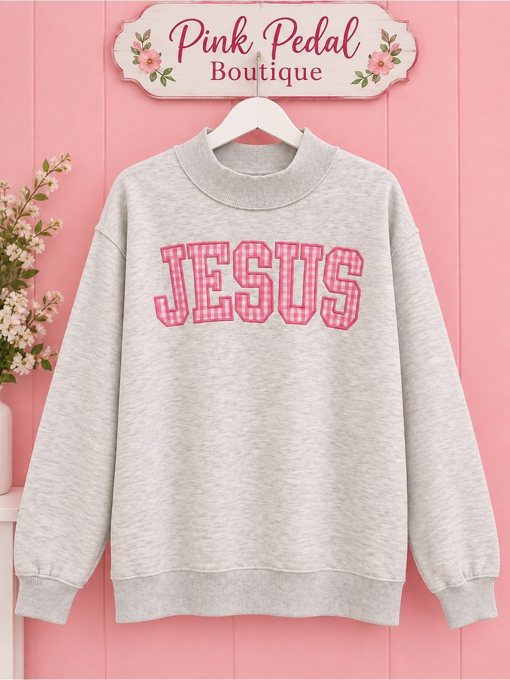 Gray Sweatshirt with Pink 'JESUS' Applique